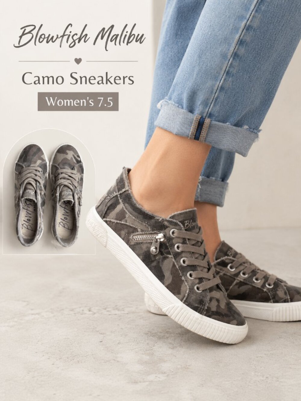 Blowfish Malibu Camo Canvas Side Zip Sneakers Size 7.5 Gray Green Lace Up Distre